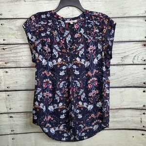 Black Rainn Large Navy Blue Floral Blouse